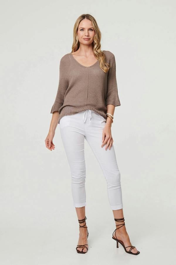 Brown | Sheer Mesh Texture 3/4 Sleeve Jumper