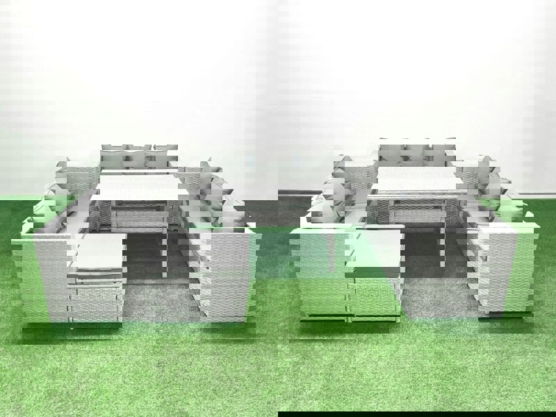 Fimous Rattan Garden Outdoor Furniture Set 10 Seater Garden Sofa Rectangulr Dining Table Set with Big Footstool Light Grey Mixed