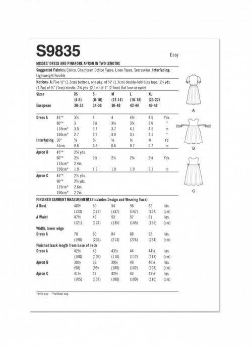 Simplicity Sewing Pattern 9835, Dresses, Pinafores, Aprons for Women, A (XS-S-M-L-XL) - Easy