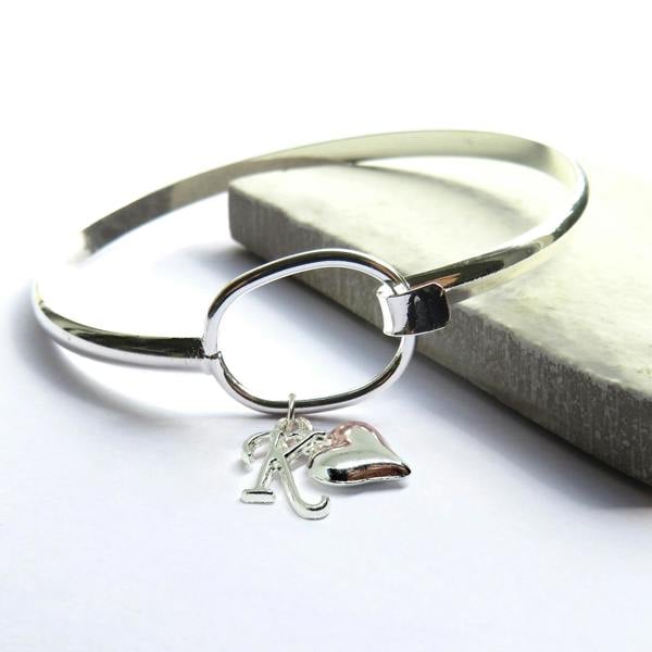 Personalised Initial & Silver Heart Charm Loop Bangle