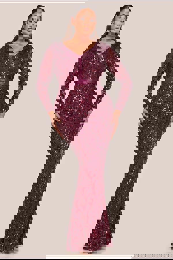 Embroidered Sequin & Mesh Maxi Dress - Burgundy DR2558PLUS