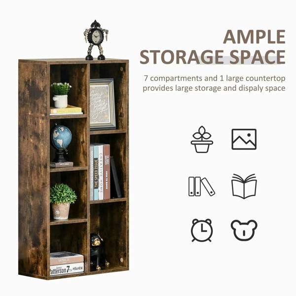 Rustic brown 7-cube bookcase with open compartments and top counter, front view