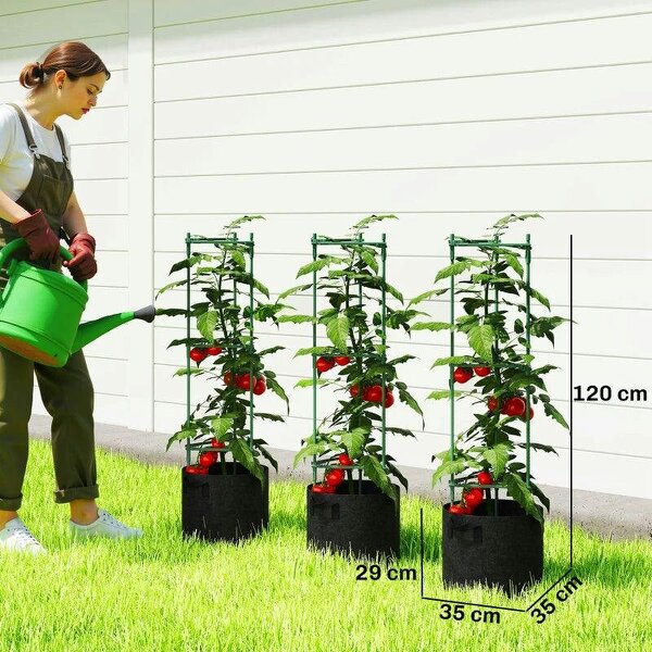 3 Packs Tomato Cages with 83.7L Grow Bags, 120cm Adjutstable Triangle Plant Stakes Support Trellis with Planter Bags