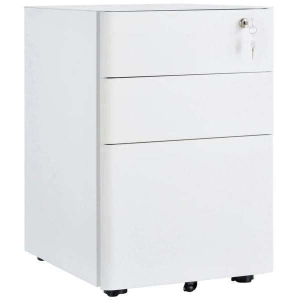 White rolling filing cabinet with three drawers and lockable front key cylinder