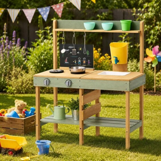 Neo Kids Wooden Outdoor Mud Kitchen Water Tap Sink Chalkboard