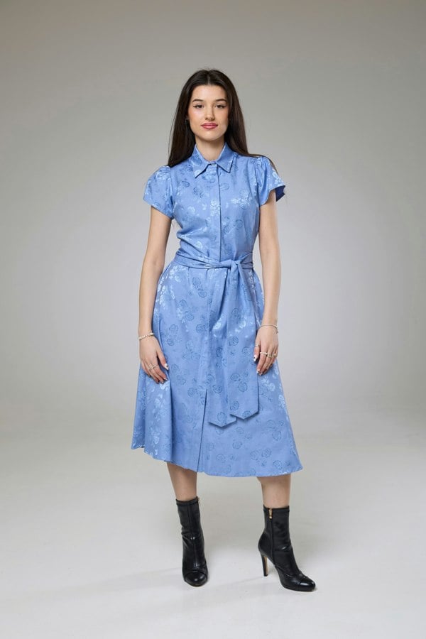 Isha's Timeless collection Sky Blue Petals Short Sleeve Shirt Dress