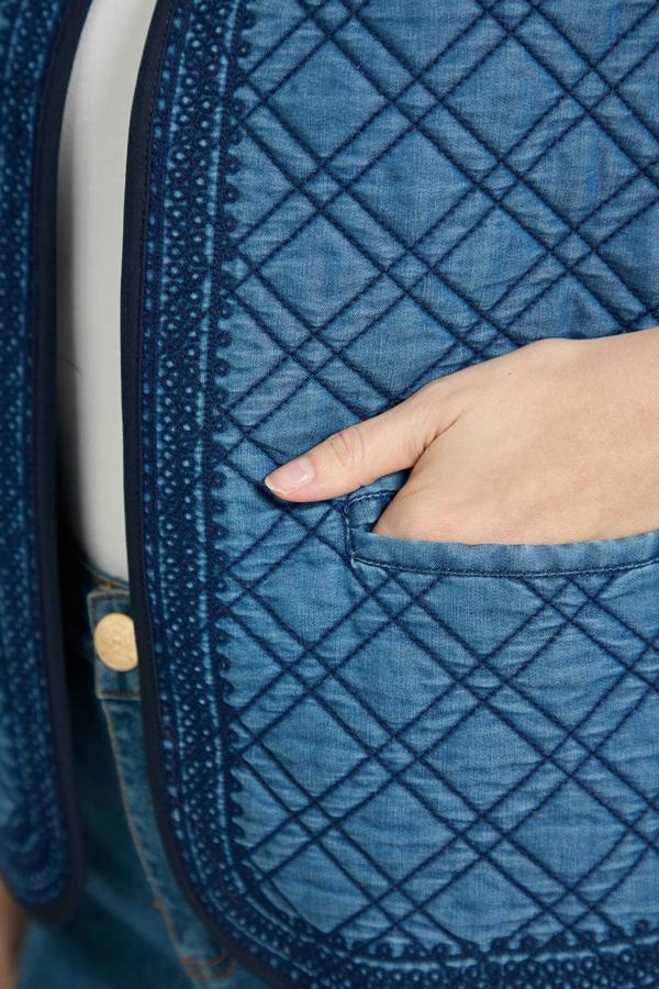 Mudflower Denim Quilted Embroidered Gilet