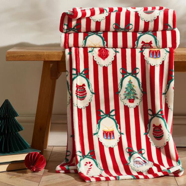 Catherine Lansfield Christmas Vintage Stripe Cosy Fleece Blanket Throw Red