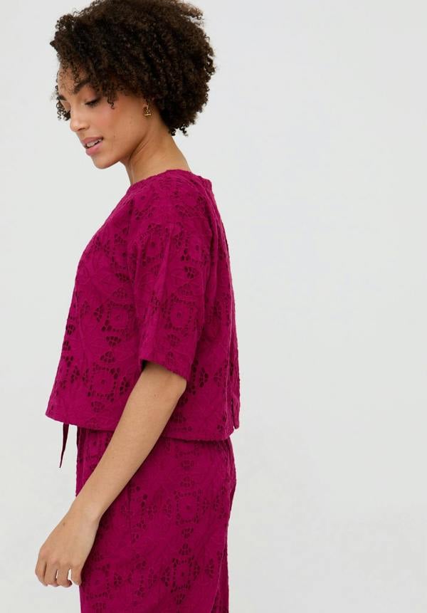 Raffya Opal Broderie Anglaise Split Open Back Blouse In PInk