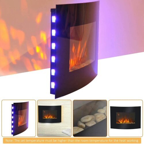 Led Wall Mounted Fireplace Curved Glass Electric Fire Place Fire Place 7 Colour Side Lights Slimline, 900/1800W, 65cm x 52cm