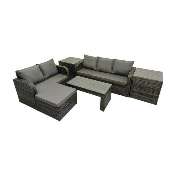 Fimous Rattan Garden Outdoor Furniture Set 3 Seater Sofa Love Sofa Coffee Table with Big Footstool 2 Side Tables Dark Grey Mixed