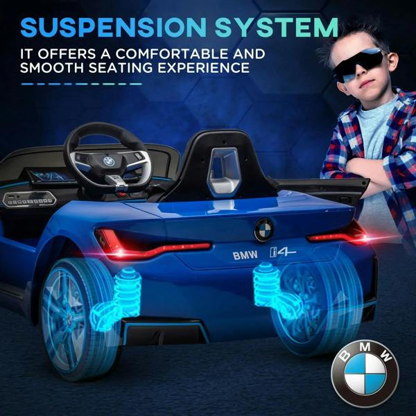 Blue kids electric ride-on car rear view with light effects and child seated.