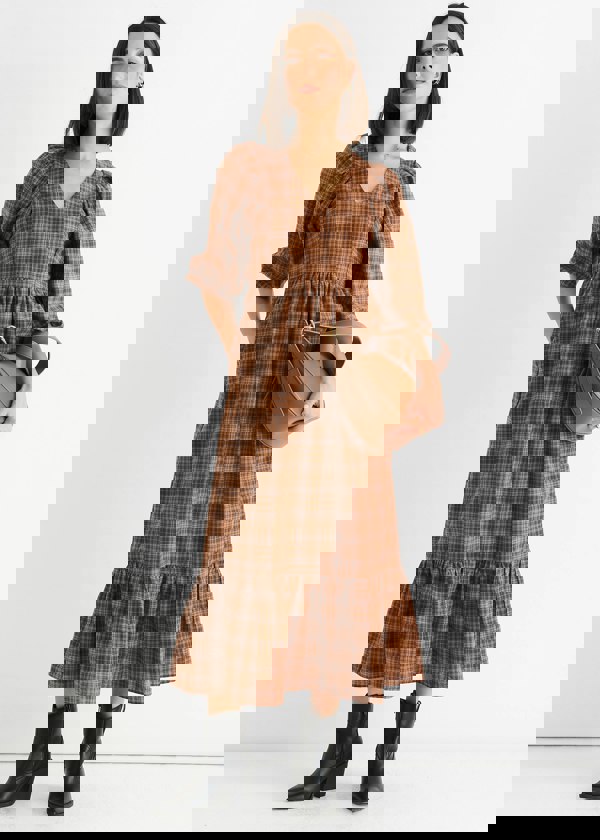 Gini London Brown Cotton Puff Sleeves V Neck Midi Dress