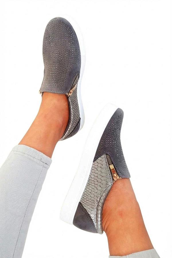 Leah Crystal Suede Zip Pumps Trainers - Grey_wb