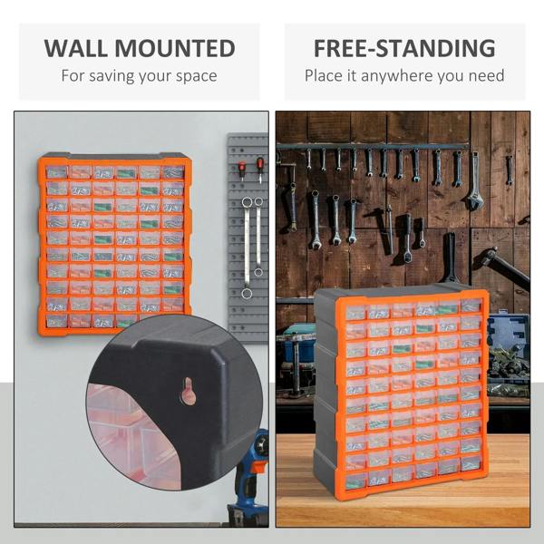 Orange wall-mounted parts organizer cabinet with clear bin drawers and close-up opening view