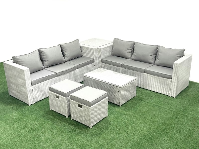 Fimous Garden Outdoor PE Rattan Furniture Set 8 Seater Rattan Garden Sofa Set with 2 Small Footstool Side Table Light Grey Mixed