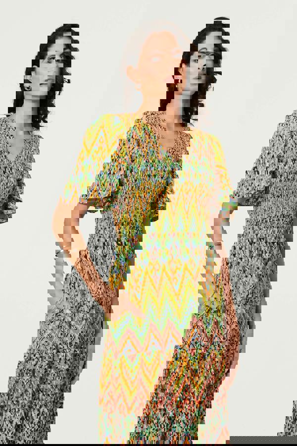 Green | Printed Angel Sleeve Tiered Midi Dress