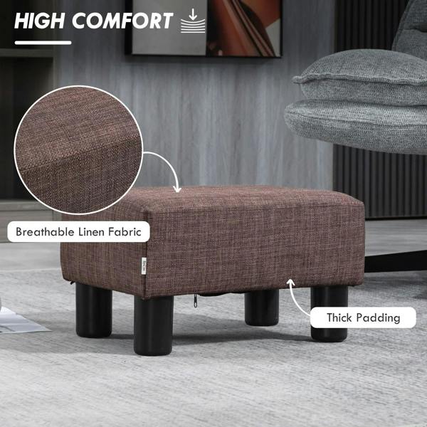 Brown linen ottoman cube footstool with four black plastic legs and padded top