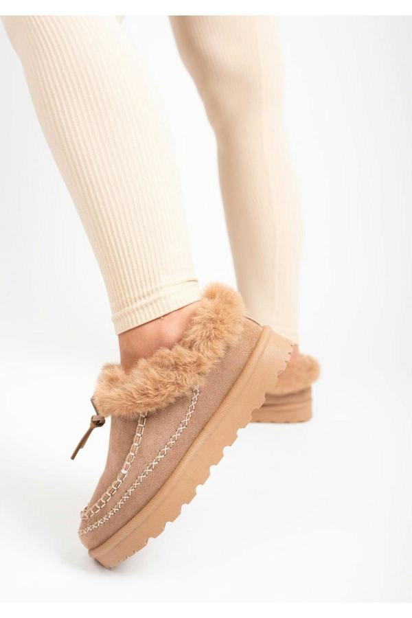 Kessia Faux Suede Fluffy Lined Ankle Boots With Stitch Detail - Khaki