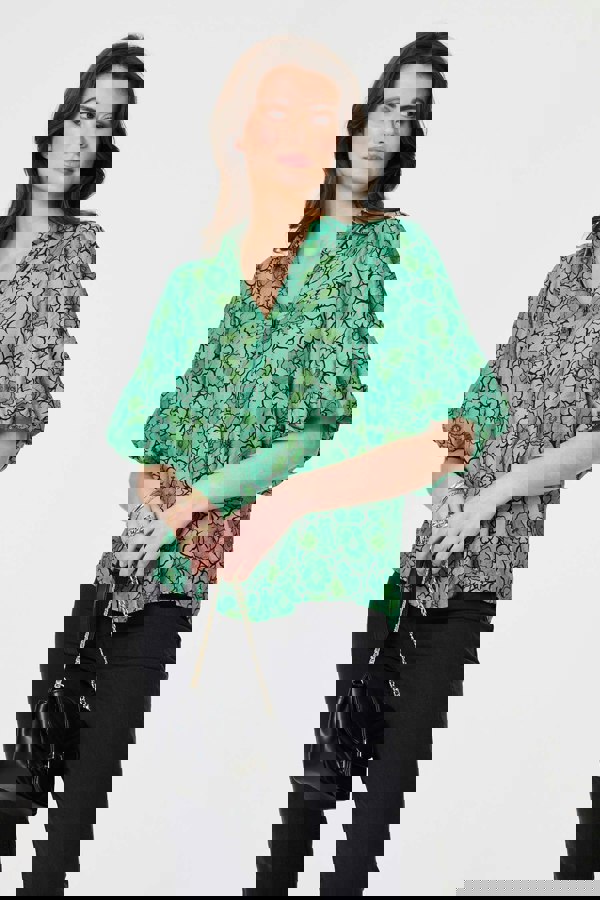 Green | Leaf Print 1/2 Puff Sleeve Blouse