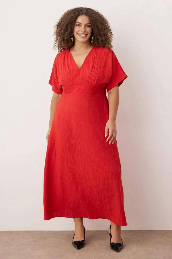 WOVCOR V-Neck Short Sleeve Textured Fabric Woven Maxi Plus Size Dress