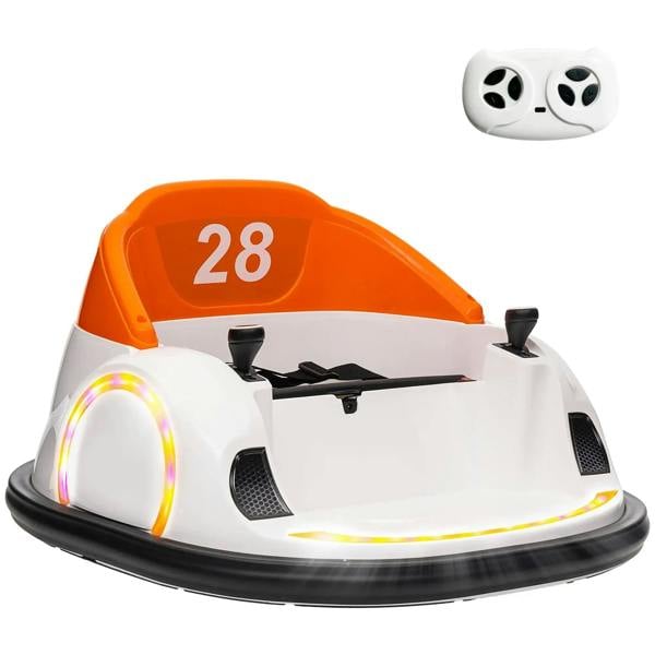 Orange and white kids bumper car with LED wheel lights and seat display showing 28