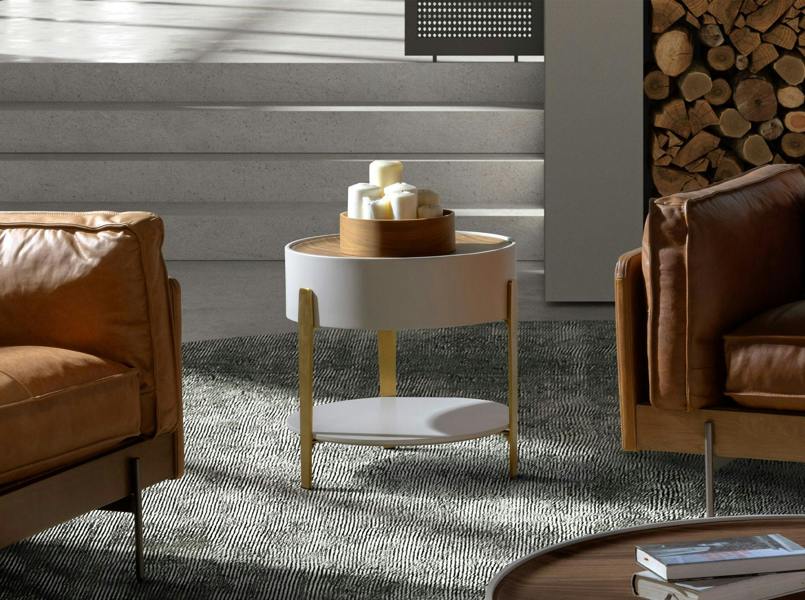 Angel Cerdá Round corner table walnut, beige wood and gold-plated polished steel 2150