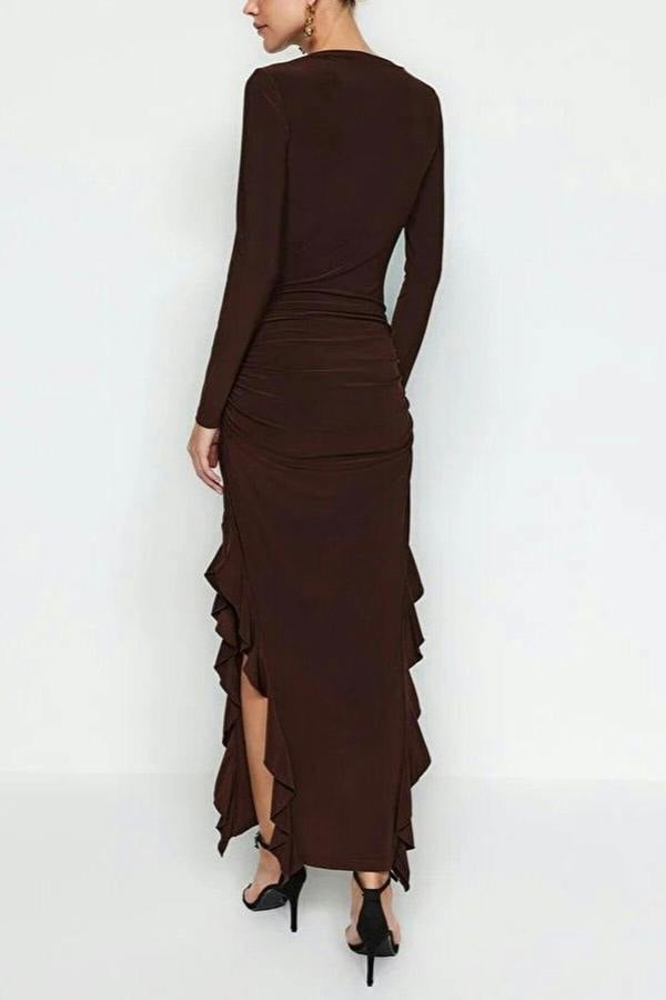 WOVCOR Boat Neck Maxi Stretch Knit Dress with Flounce Skirt