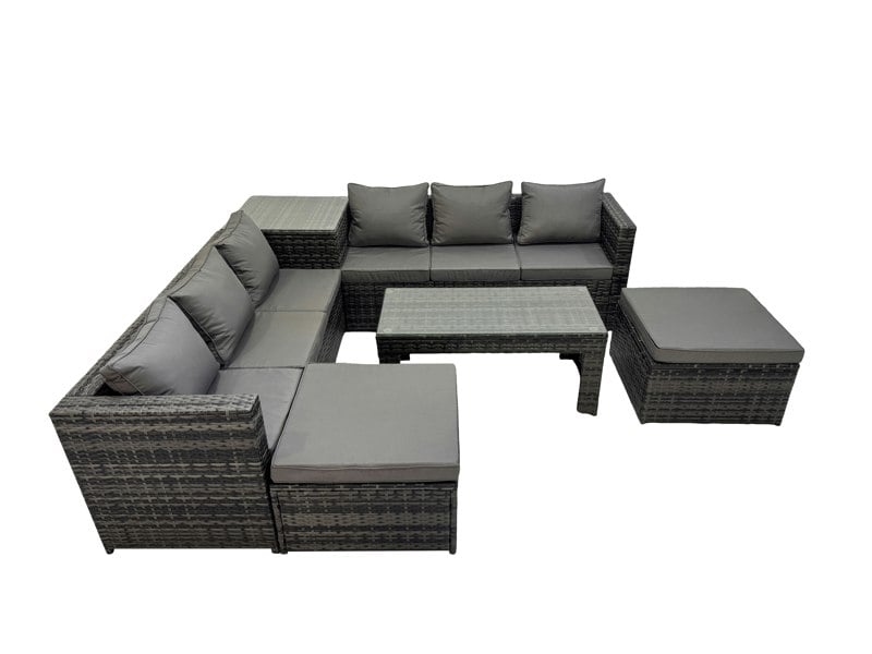 Fimous Garden Rattan Outdoor Furniture Set 8 Seater Patio Corner Sofa Oblong Coffee Table with 2 Big Stool Side Table Dark Grey