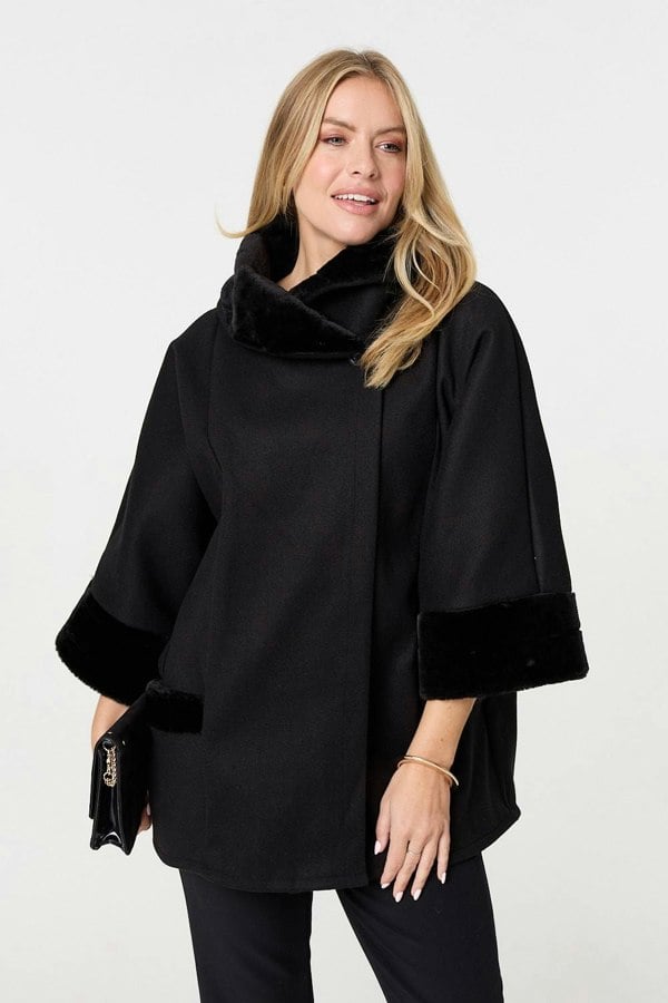 Black | Faux Fur Trim 3/4 Sleeve Cape Coat
