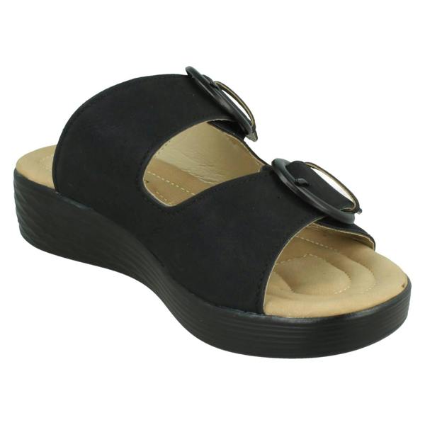 Eaze Ladies Eaze Low Wedge Mule Sandal with Twin Buckle Strap F12077