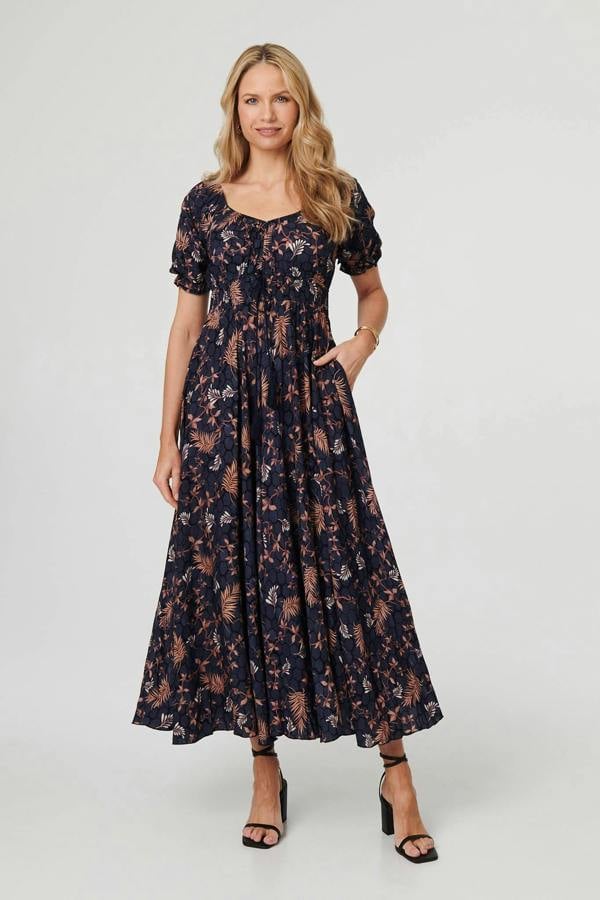 Navy | Leaf Print Short Puff Sleeve Maxi Dress
