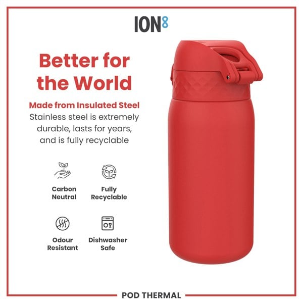 A red, insulated stainless steel water bottle sits on a white background; it is carbon neutral, fully recyclable, odour resistant, and dishwasher safe.