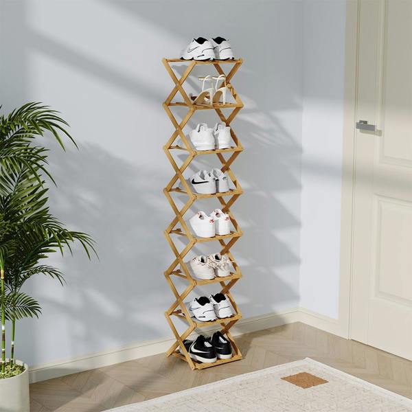 Living and Home 9 Tier Bamboo Folding Shoe Rack Shoe Storage Organiser - Natural