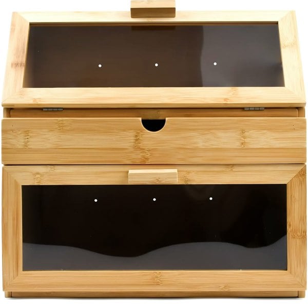 Large Bamboo 3 Compartment Bread Bin Front View