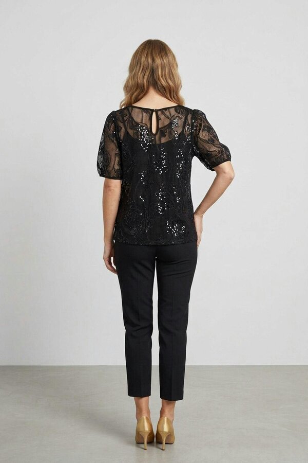 Izabel London Floral Sequin Mesh 1/2 Puff Sleeve Top