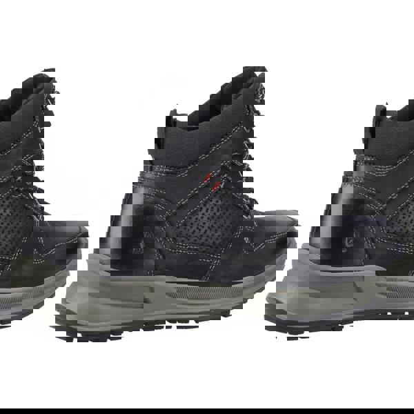 Hush Puppies Arnie Ankle Lace Up Leather Boots, black leather hiking boots with cushioned collar, lace-up closure, perforated detail on side, and rugged outsole for durability.