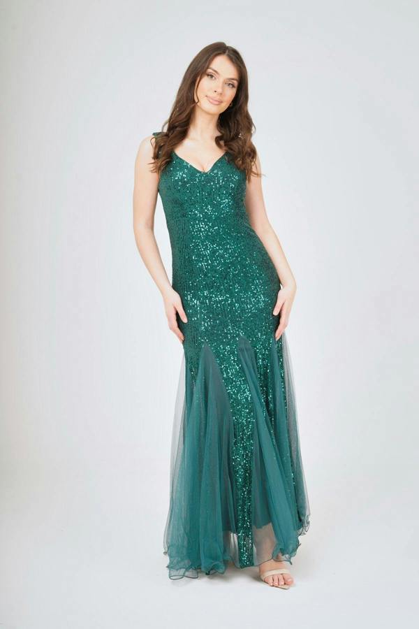 LuvForever Sequin Mesh Insert Maxi Dress - Green
