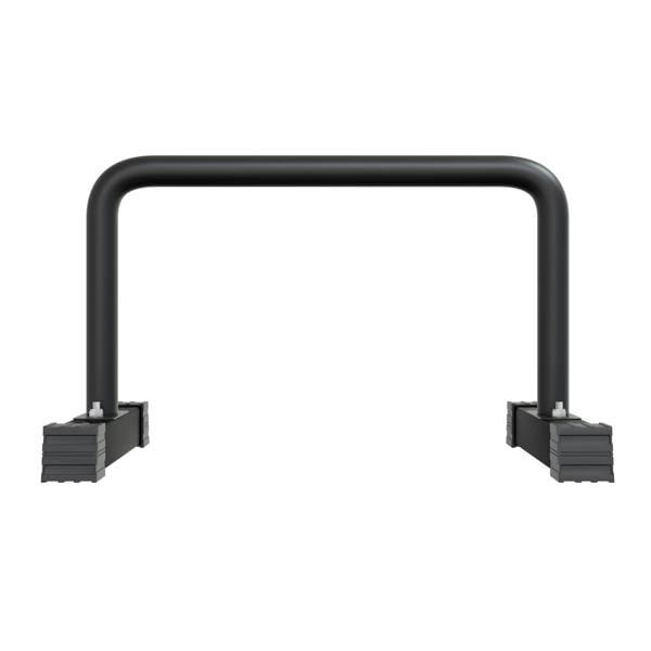 Sturdy black large parallettes with a smooth, rounded top and textured rubber bases for stability during workouts