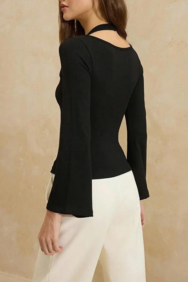 WOVCOR Boat Neck Cotton Knit Blouse with Accessory Details