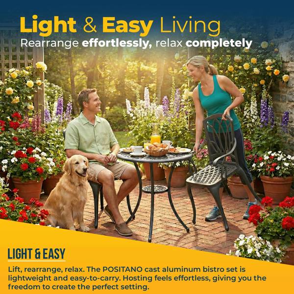 Homeology POSITANO Luxurious Garden and Patio Table and 2 Large Chairs with Armrests Cast Aluminium Bistro Set - Grey