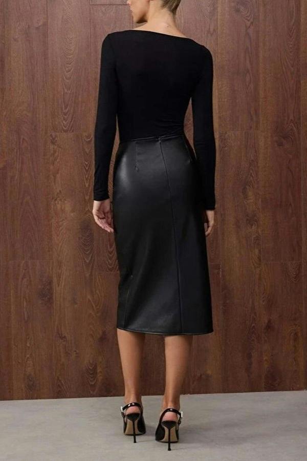 WOVCOR Midi Faux Leather Knit Pencil Skirt with Accessory Detail