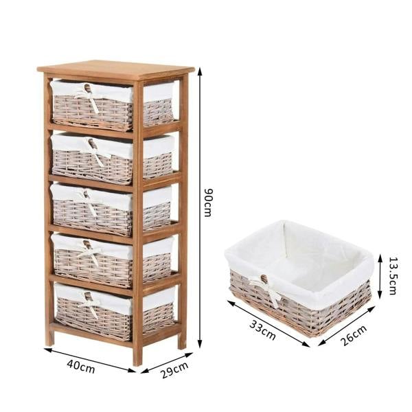 5-tier wicker storage cabinet with wooden frame and woven basket drawers