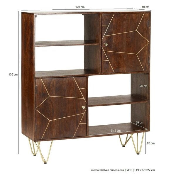 Wyld Haus Bandung Dark Mango Wood and Gold Storage Cabinet 4 Shelves 2 Doors