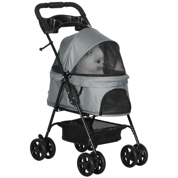 Grey foldable dog stroller with mesh canopy, four wheels, and safety leash straps