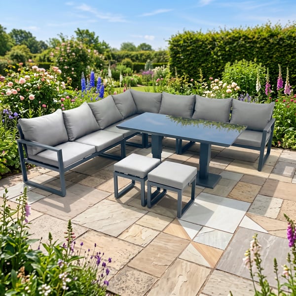Fimous 9 Seater Aluminum Garden Furniture Set with Corner Sofa, 2 Footstools & Adjustable Rising Dining Table - Dark Grey
