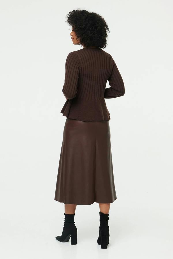 Brown | Striped Texture Buttoned Peplum Cardigan