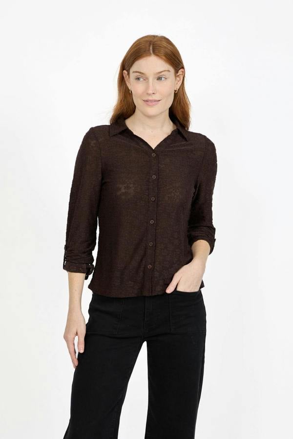 Mudflower Floral Lace Full-Sleeve Stretch Shirt Blouse
