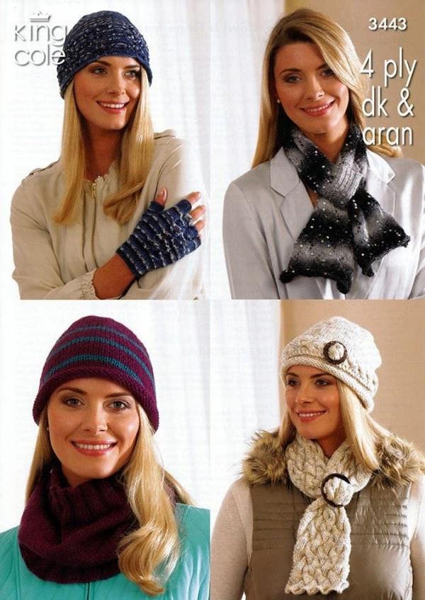 King Cole Zig Zag Knitting Pattern 3443, Headwear, Gloves, Scarves for Women - Advanced