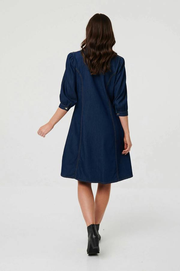 Blue | Collarless Knee Length Shirt Dress